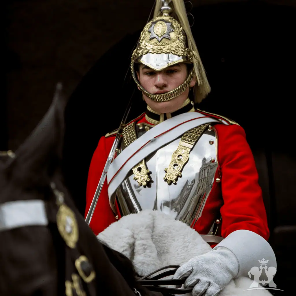 A close-up of a King's Life Guard in traditional red and silver ceremonial uniform