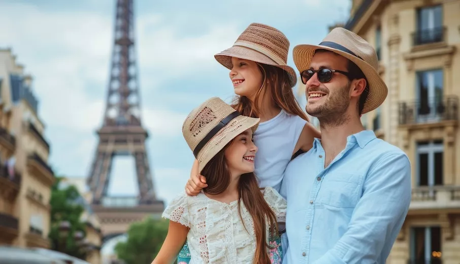 Smiling father and daughters sightseeing near the Eiffel Tower in Paris