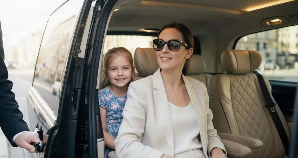 A professional chauffeur opening a luxury vehicle door for a mother and young daughter