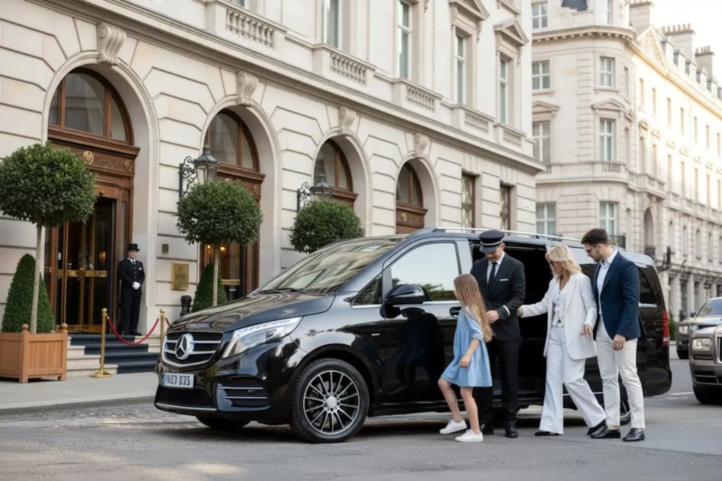 Luxury chauffeur service featuring a black Mercedes-Benz V-Class van parked outside a classic European hotel