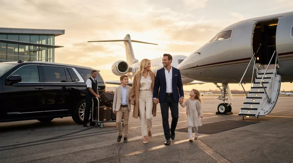 Chauffeur Services - A luxury family walking smiling on an airport tarmac next to a private jet and a black executive SUV with a chauffeur loading luggage