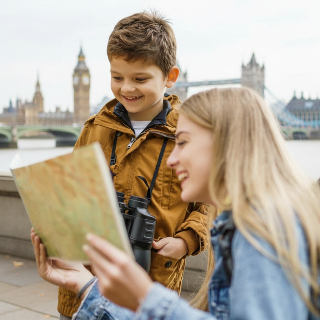 professional VIP nanny guiding a young child during an exclusive sightseeing tour of London landmarks.