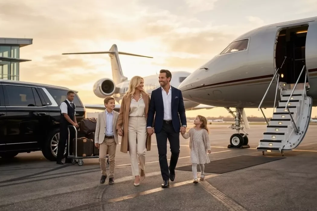 A family walking together on the airport tarmac next to a private jet and a luxury Mercedes V.