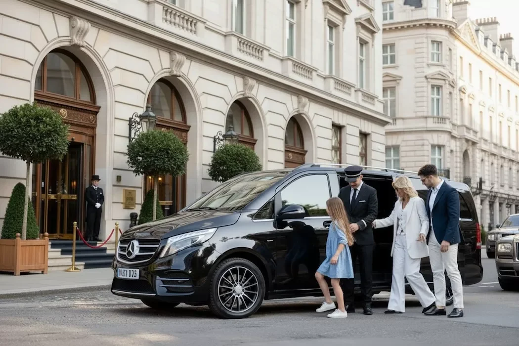 A professional uniformed chauffeur opening the door of a luxury black Mercedes V for a family in front of a grand five-star hotel.