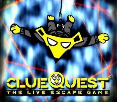 Animated yellow secret agent character logo for ClueQuest the live escape game attraction in London.