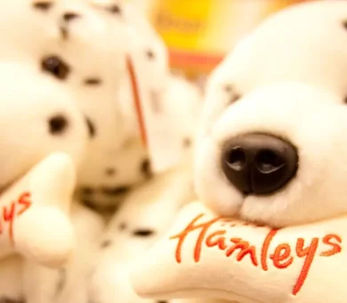 A cuddly Hamleys Branded toy dog teddy displayed at a private shopping experience at Hamleys toy store in London