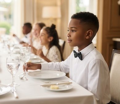 A young boy wearing a black bow tie sits at an elegant dining table with other children.