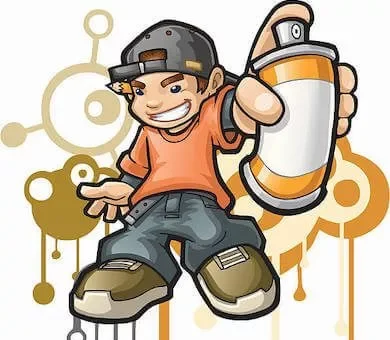 Cartoon illustration of a boy holding a spray paint can in front of a graffiti street art wall.