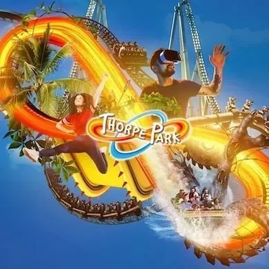 Guest wearing a VR headset overlaid against a massive yellow loop rollercoaster track at Thorpe Park Resort.